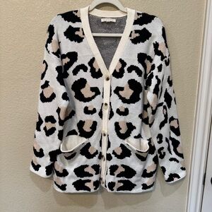 Reborn J Leopard Print Cardigan Sweater Small Button Front Pockets Soft